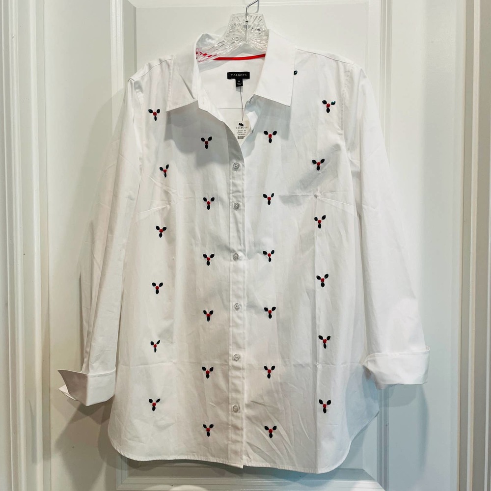 Talbots Medium Button Down Collared Holiday Berry Christmas Career Long Sleeve